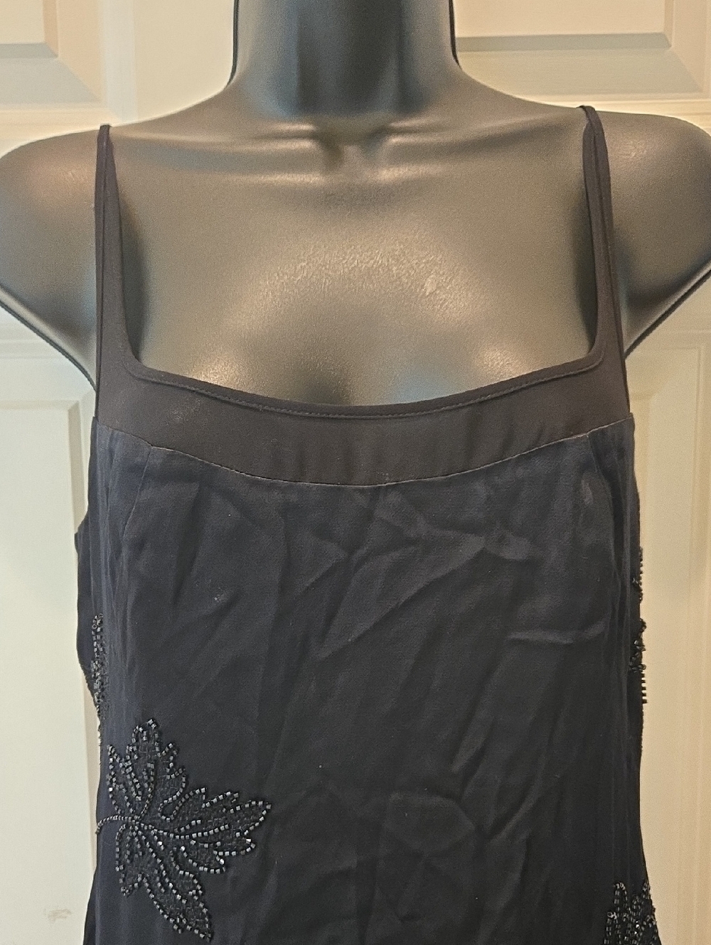 NWT BCBG Max Azria Beaded Dress 2 Black Satin Sheer Sleeveless Slit Scoop Neck